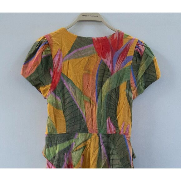 Farm Rio Yellow Garden Midi Dress Women's Medium Linen Bamboo Rings Cutout - Picture 8 of 9